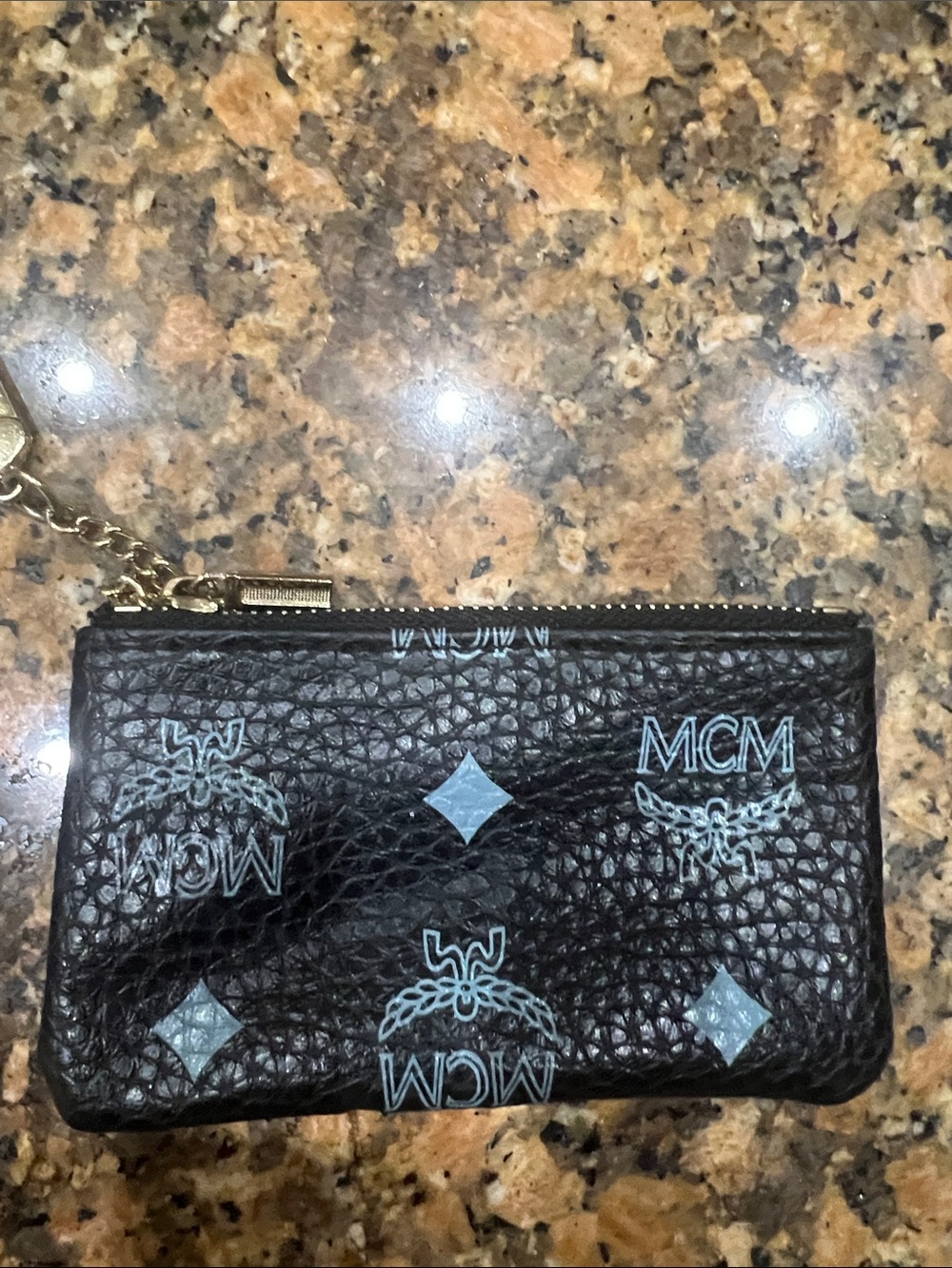 MCM Black Pebbled Leather Zip Card Holder with Light Blue Logos